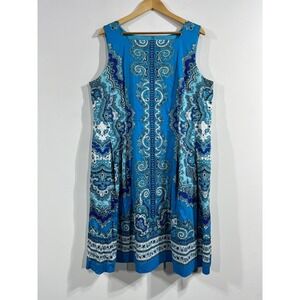 Talbots Blue Paisley Square Neck Sheath Dress Womens 16W Pockets Cotton Feminine